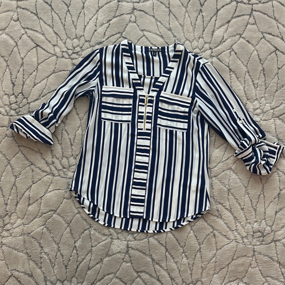 Express Women's Striped Button Down Shirt - Navy and White